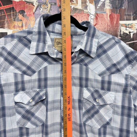 Wrangler Western Shirts Mens Plaid Short Sleeve‎ Pearl Snap Button Shirt Blue - Picture 4 of 6